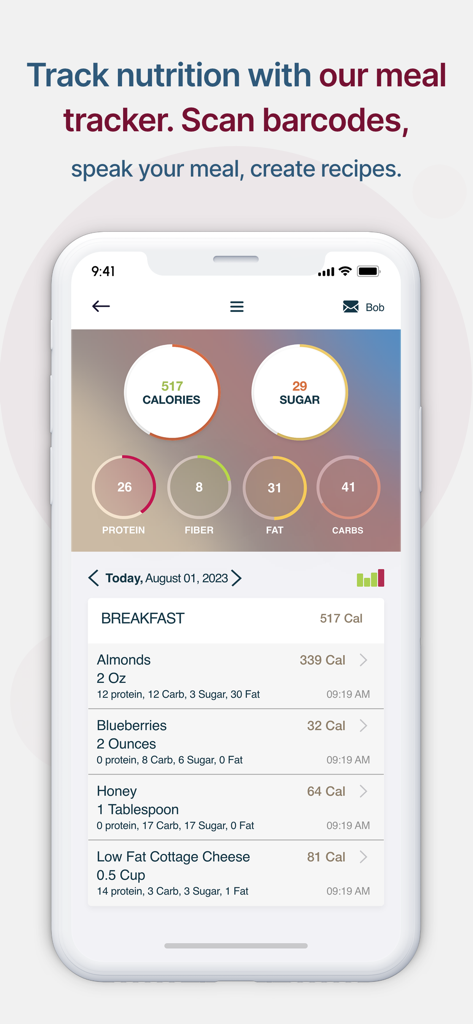 Baritastic mobile app screen showing a detailed meal log and macronutrient tracking dashboard.