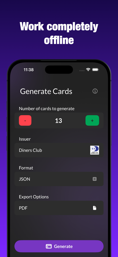 iCardVerify app screen showing test credit card generation with offline mode and JSON export options