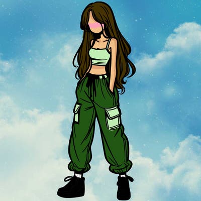 girl in baggy pants crop top and long hair