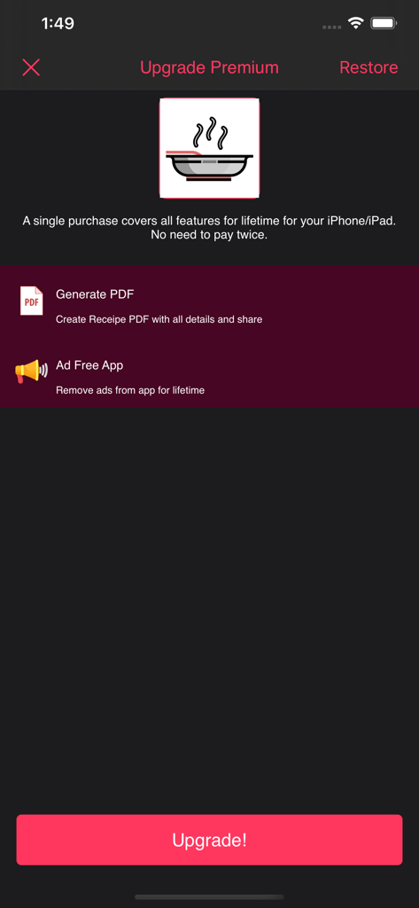 Healthy Food Recipes - Yummy - Bildschirm zur Premium-Aktualisierung der Healthy Food Recipes App, der werbefreie Funktionen und PDF-Erstellung anzeigt