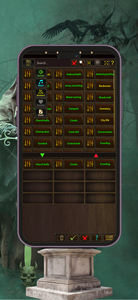 RPG Master Sounds Mixer - テーブルトップゲームの検索可能なサウンドエフェクトグリッドを備えたRPG Master Sounds Mixerアプリのインターフェースを表示するスマートフォンの画面。
