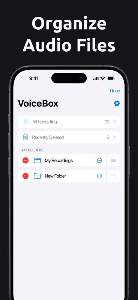 Voice Memos - Voice Recorderㅤ - Interfaz de la aplicación de grabadora de voz que muestra la organización de archivos de audio en carpetas.