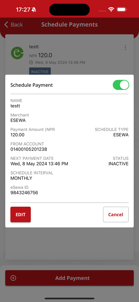 Interface de agendamento de pagamentos do aplicativo EBL Mobile Banking mostrando detalhes de transações mensais para ESEWA