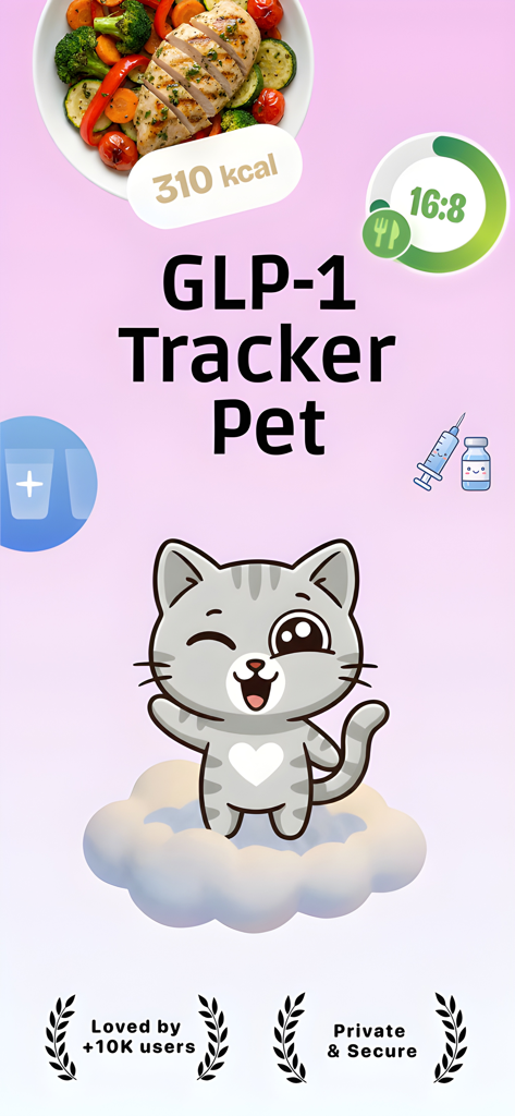 Enzo the grey cartoon cat mascot on the GLP1 Tracker Pet app screen