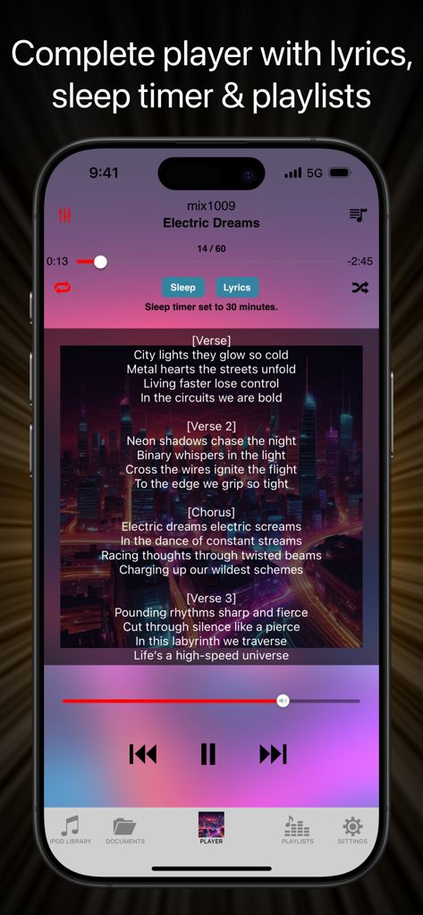 Equalizer Pro + - Equalizer Pro plus app interface displaying music player with song lyrics and sleep timer