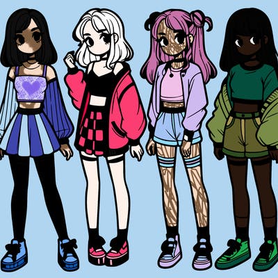 one girl with crop-top shirt and a jacket with a skirt, long socks and another girl with a shirt and pants with a jacket