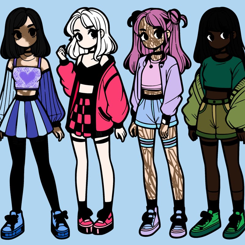 one girl with crop-top shirt and a jacket with a skirt, long socks and another girl with a shirt and pants with a jacket