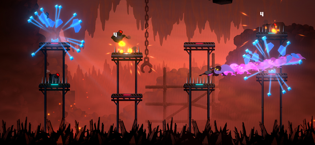 Una escena de acción de pixel art en HAAK mostrando al personaje lanzándose sobre plataformas con púas en una caverna roja oscura.