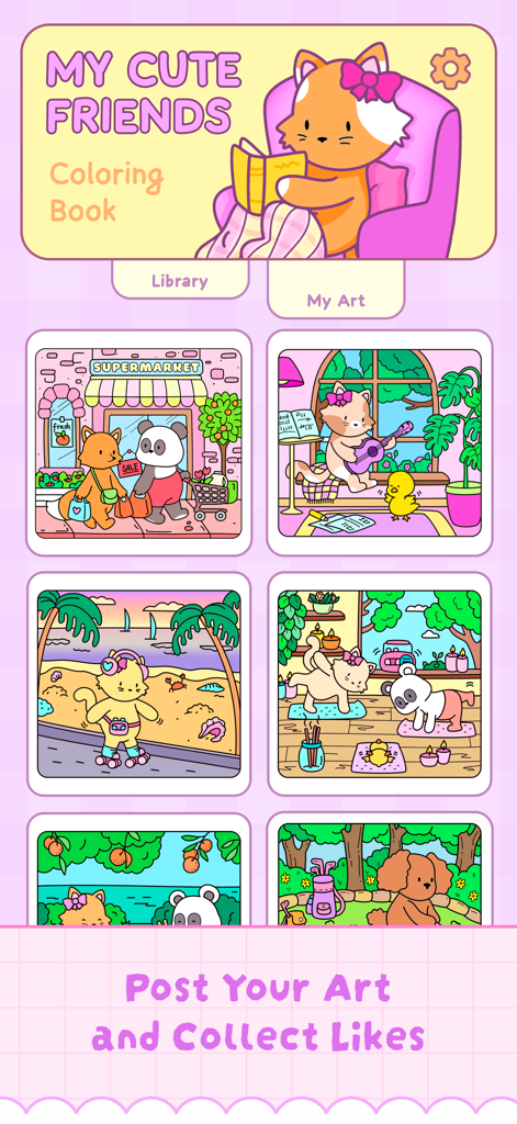 Una vista de galería de varias páginas para colorear dibujadas a mano con adorables animales en escenas cotidianas acogedoras.