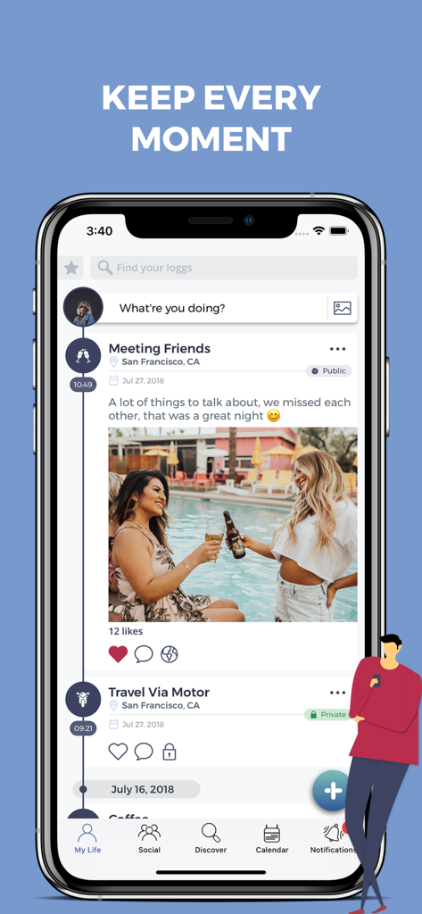 Logg: Personal Journal & Diary - Smartphone screen displaying the Logg app life timeline with photo logs and activity entries of friends meeting and travel