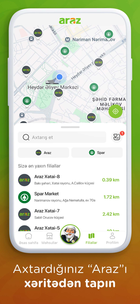 Araz Supermarket - A mobile app interface showing a map with pins for Araz and Spar supermarket locations and a list of nearby branches with distances.