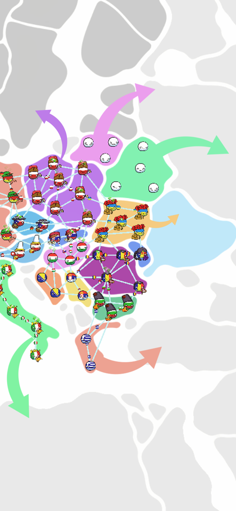 A colorful map with various countryballs connected by lines in an idle strategy game