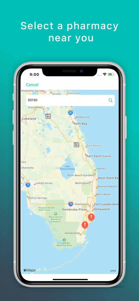 Skin App - Online Dermatology - Skin App Apotheken-Locator-Bildschirm, der Standorte in Florida auf einer Karte anzeigt
