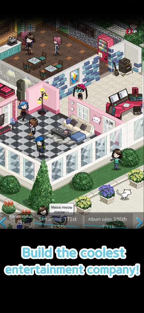 K-POP Idol Producer - Pixel art interface showing the management and decoration of a K-POP entertainment agency building