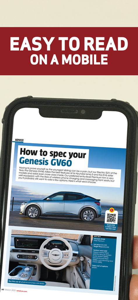 Visão móvel do aplicativo What Car? exibindo uma revisão do Genesis GV60 com texto fácil de ler.