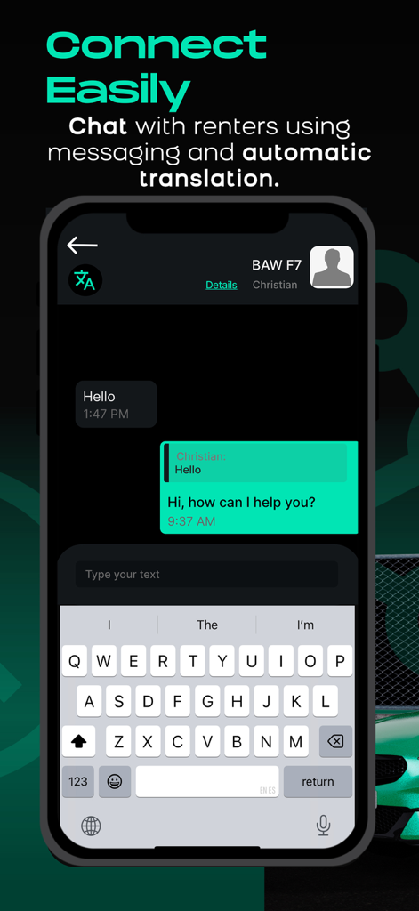 Screenshot der Chat-Oberfläche der Comfy-App, der ein Gespräch zwischen einem Benutzer und einem Gastgeber mit einer automatischen Übersetzungsfunktion zeigt
