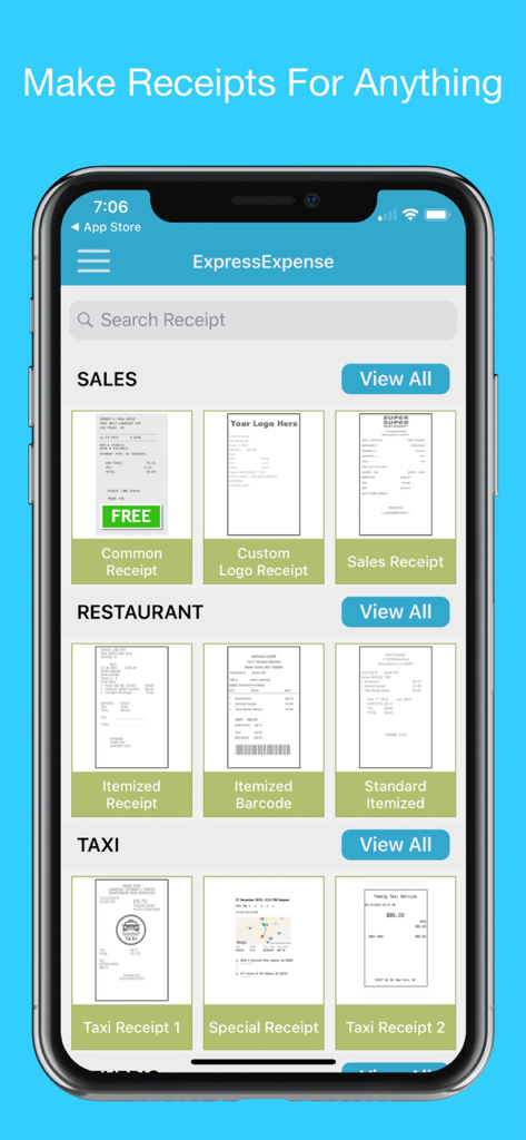ExpressExpense - ExpressExpense mobile app interface displaying a variety of professional receipt templates for sales restaurant and taxi categories
