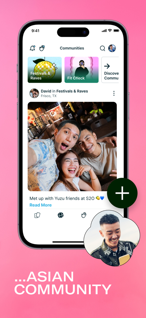 Yuzu app interface showing the Asian community social feed and interest groups