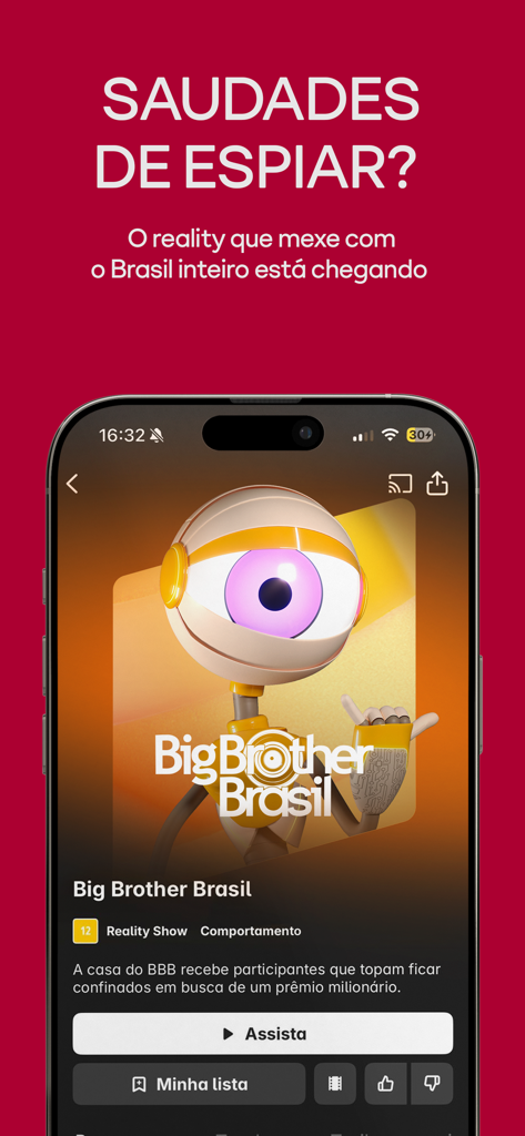 Globoplay: Novelas, séries e + - Globoplay app interface displaying Big Brother Brasil reality show page
