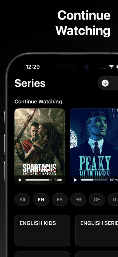 Interface of IPTV Pro - Smart Player app on iPhone showing the Continue Watching section for TV series with language filters