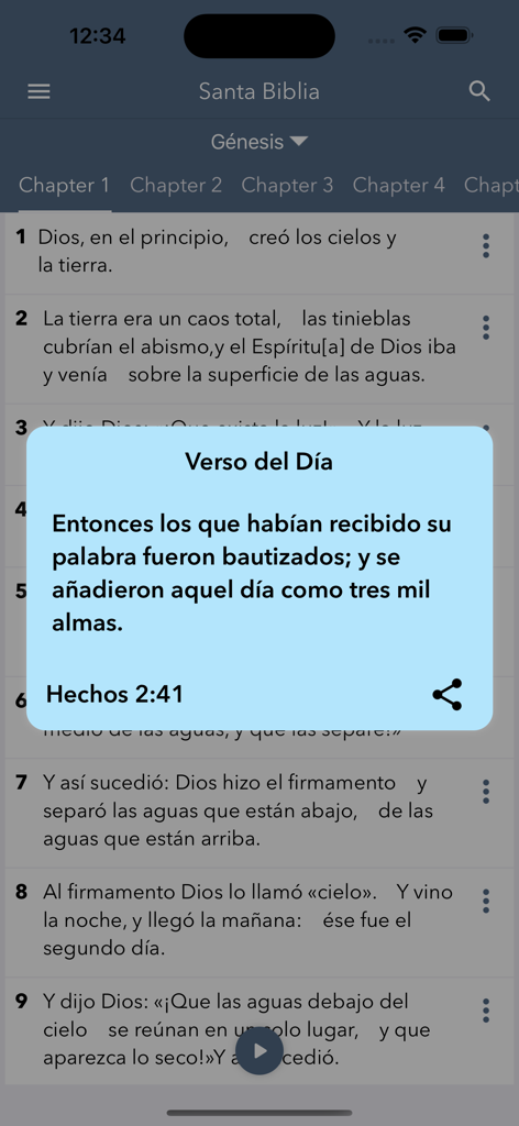 Santa Biblia en Espanol app mostrando una ventana emergente de versículo diario con Hechos 2 41 sobre un capítulo del Génesis