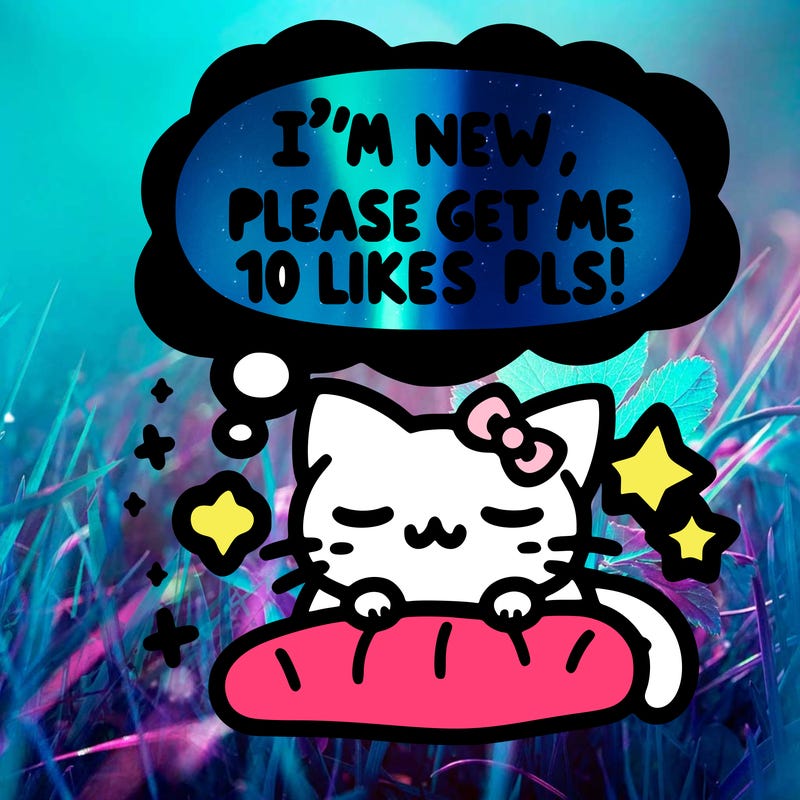 kitty taking a nap dream talking and saying "i'm new, please get me at least 10 likes pls!!"