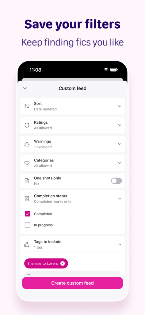 Fictivity: AO3 Unofficial - Custom feed setup screen in the Fictivity app showing AO3 fanfiction filters for ratings, completion status, and tags like Enemies to Lovers.