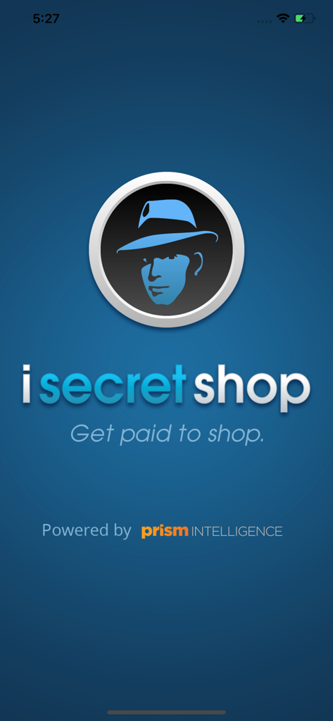 iSecretShop app splash screen featuring a mystery shopper logo and the slogan Get paid to shop