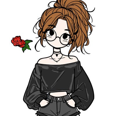 girl with a messy ponytail glasses a baggy crop top and jean shorts
