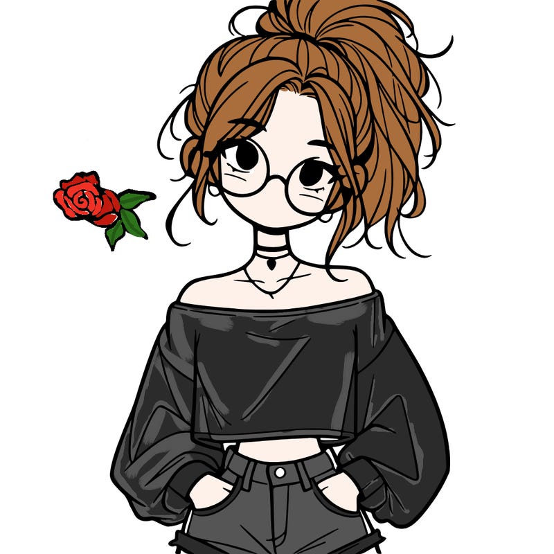 girl with a messy ponytail glasses a baggy crop top and jean shorts