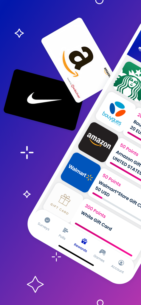 Toluna Influencers app rewards screen displaying various gift card options from major brands like Amazon Nike and Walmart