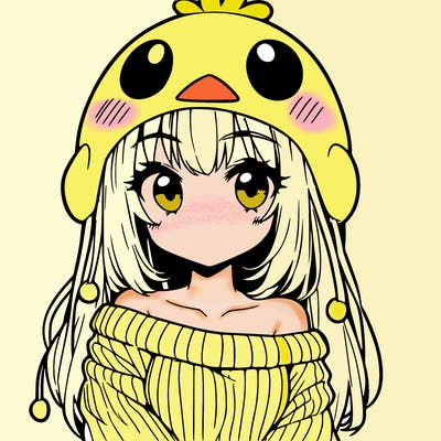 anime girl with chick shaped hat with sweater with bare shoulders with bangs covering them one eye with low tail