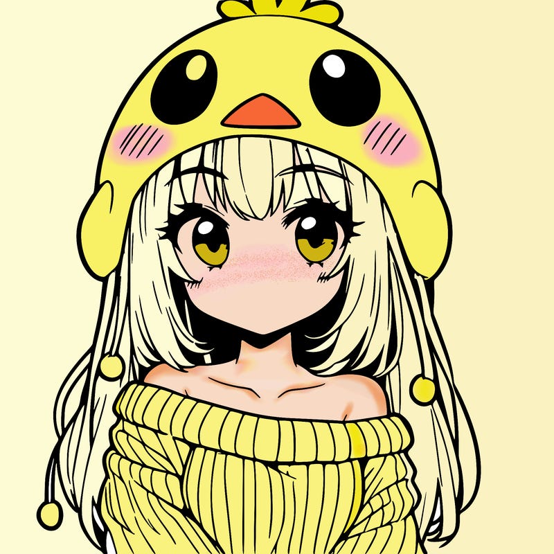 anime girl with chick shaped hat with sweater with bare shoulders with bangs covering them one eye with low tail