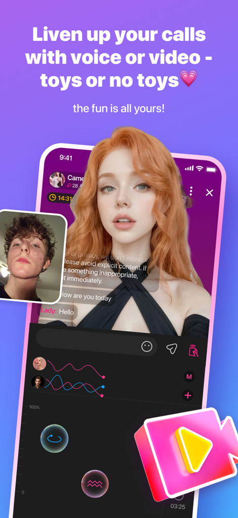 A video call screen in the Tophy app showing two users and interactive device controls