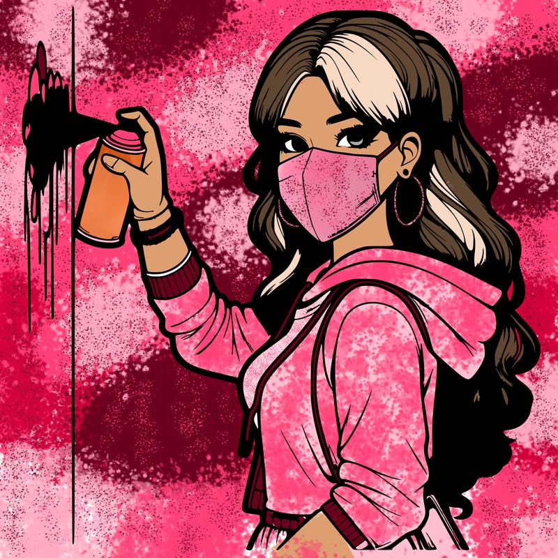 realistic girl with mask spray painting a wall