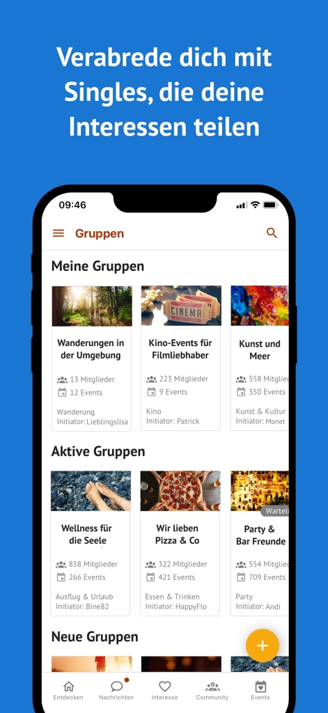 Interface de l'application Funkenflug affichant des groupes basés sur des activités pour célibataires comme la randonnée et les soirées cinéma