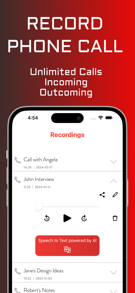 Phone Call Recorder + - Interfaz de la aplicación Grabadora de Llamadas plus que muestra una lista de llamadas grabadas y un botón de voz a texto IA