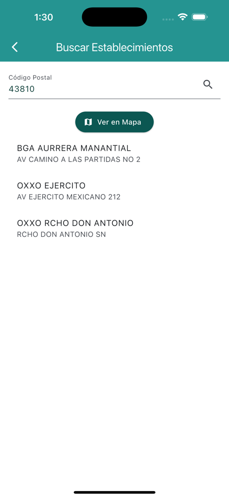 Pantalla de búsqueda en la aplicación Previvale que muestra una lista de tiendas cercanas como Oxxo y Aurrera por código postal.