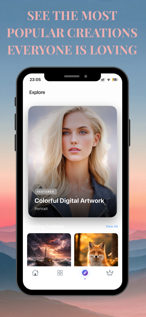 ArtAIモバイルアプリのエクスプローラーインターフェース。人気のAI生成デジタルアートやトレンドの作品を表示。