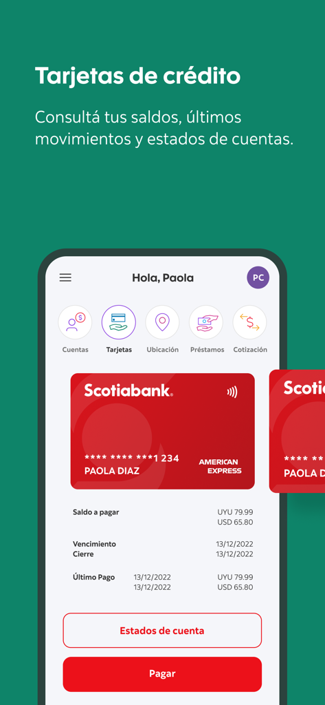 Screenshot of the Scotia Movil app displaying credit card details including balances in pesos and dollars for a Scotiabank Uruguay account.