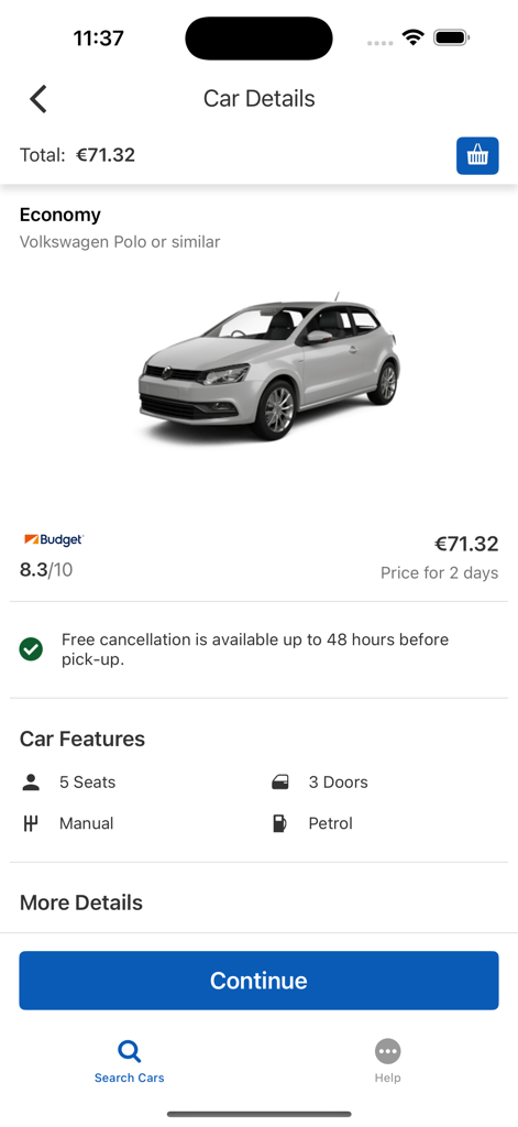 Argus Car Hire - Interface de l'application mobile Argus Car Hire affichant les détails et les caractéristiques de la location de voiture.