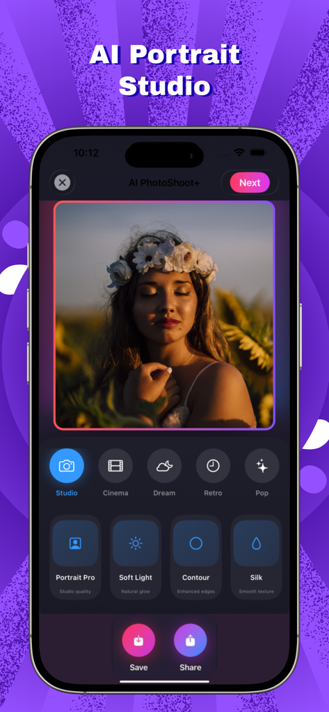 AI PhotoShot+ - AI PhotoShot app interface showing professional portrait studio editing filters with a woman wearing a flower crown