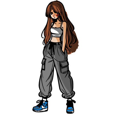 girl in baggy pants crop top and long hair