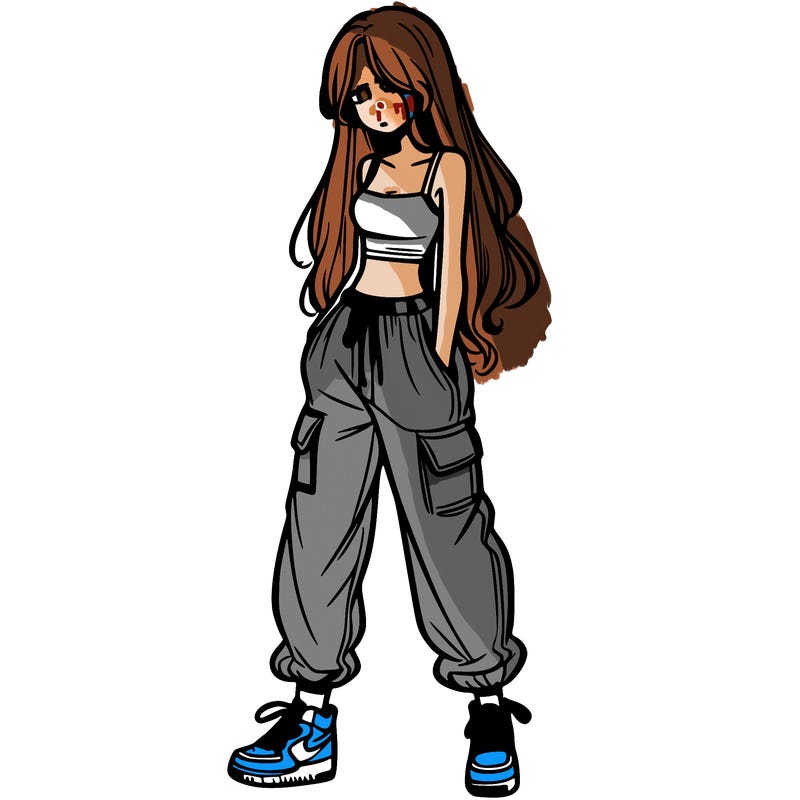 girl in baggy pants crop top and long hair