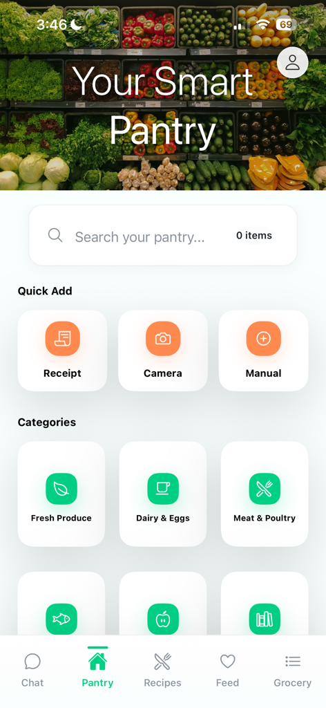 SmartCart - AI Meal Planner - Painel do aplicativo SmartCart para gerenciar o inventário da despensa com recursos de adição rápida