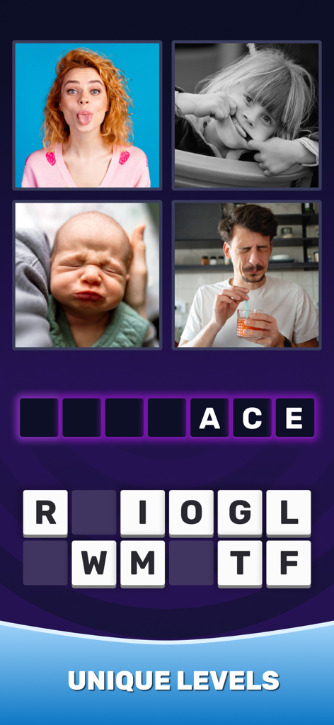 4 Pics 1 Word：Guess The Word - Uno screenshot di gioco dell'app 4 Immagini 1 Parola che mostra quattro foto di persone che fanno espressioni facciali sour.