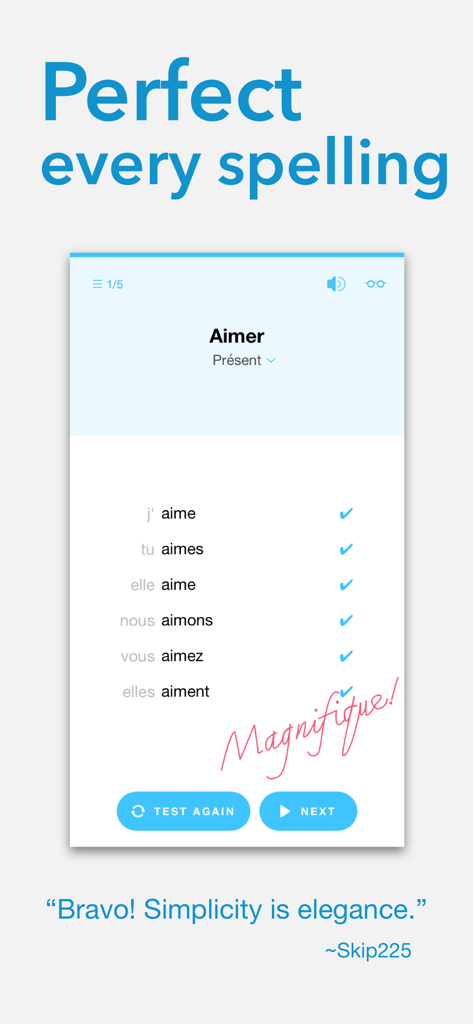 Conjuu - French Conjugation - Screenshot of the Conjuu French conjugation app showing a completed spelling test for the verb Aimer in present tense with correct markers.