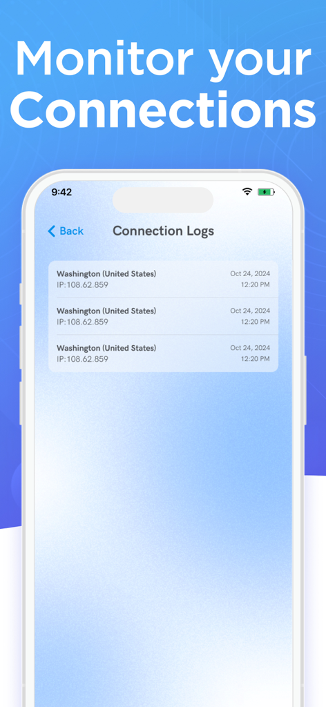 VPN for iPhone:Super VPN Proxy - Registros de conexión VPN que muestran la ubicación del servidor y la dirección IP en Washington, Estados Unidos.