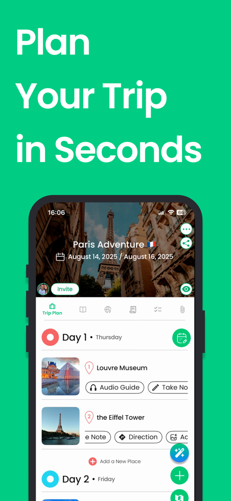 App Tourist travel planner che mostra un itinerario giornaliero per un viaggio a Parigi, inclusi il Louvre e la Torre Eiffel
