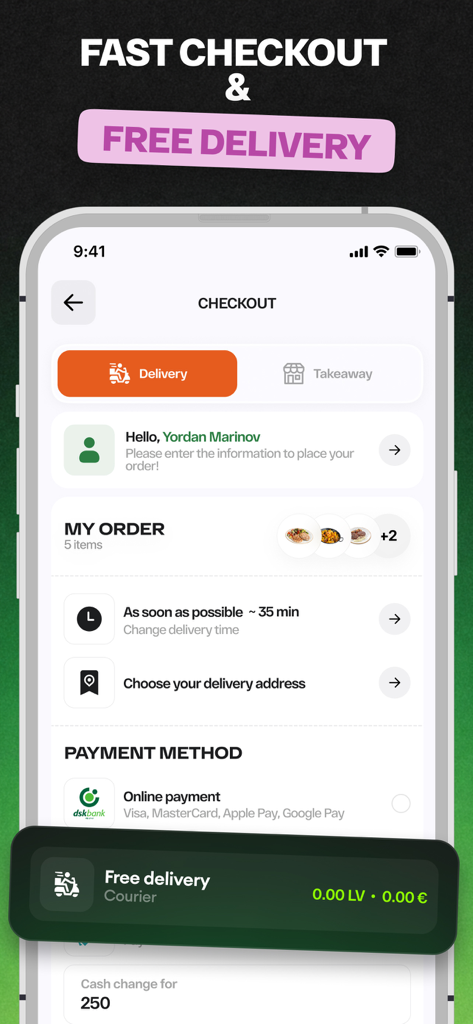 Checkout-Bildschirm der La Flor Bar and Grill App mit schnellem Checkout und kostenlosen Lieferoptionen